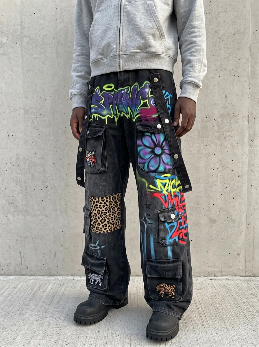 Men's Streetwear Graffiti Leopard Patch Graphic Cargo Jeans
