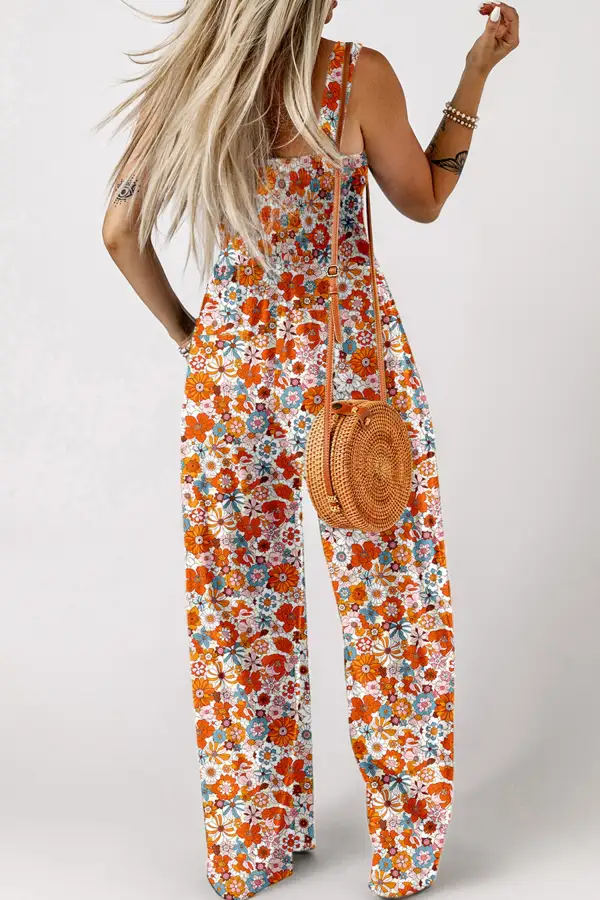 Floral Print Sleeveless Smocked Shift Jumpsuit
