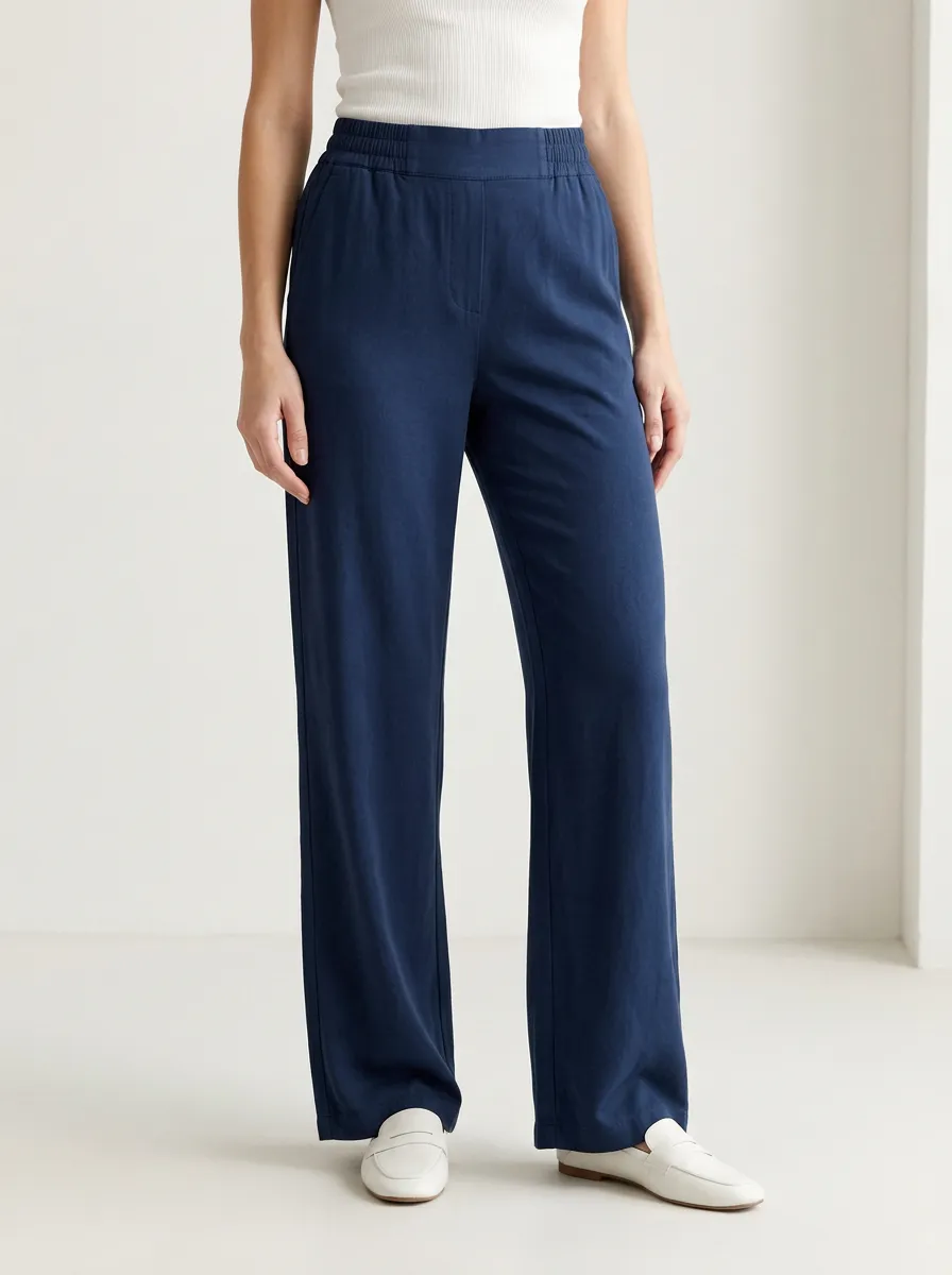 Women's Navy Blue Wide Leg Elastic Waist Pants