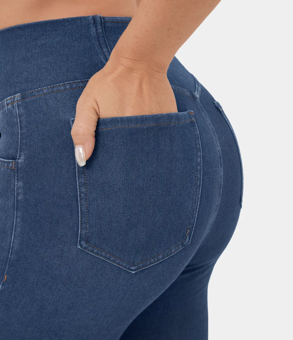 Magic High Waisted Crossover Pocket Cool Touch Washed Stretchy Knit Casual Super Flare Jeans