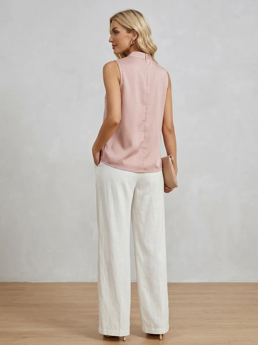 Pleated Mock Neck Sleeveless Blouse