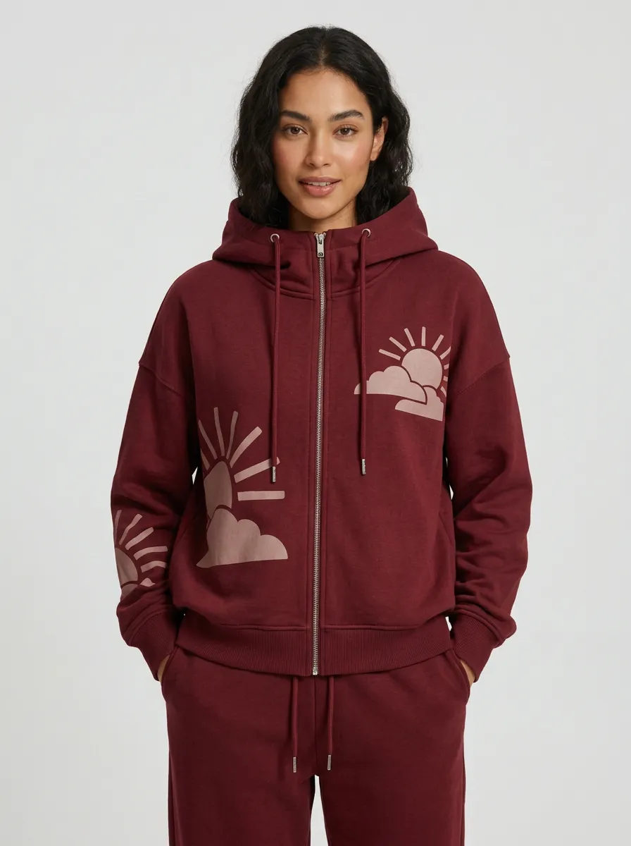 Women's Beige Graphic Zip-Up Hoodie Jacket & Jogger Set