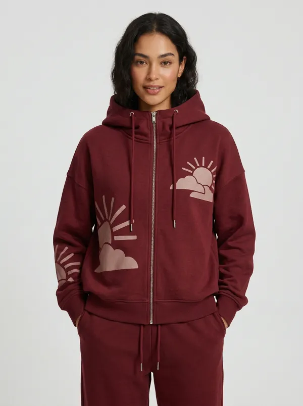 Women's Beige Graphic Zip-Up Hoodie Jacket & Jogger Set