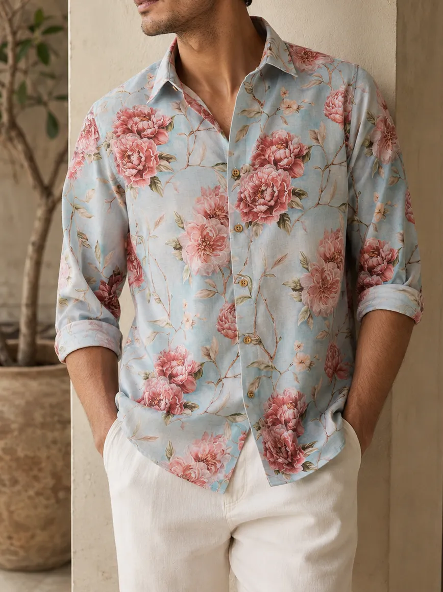 Weekend Slim Fit Printed Linen Men's Formal Shirt