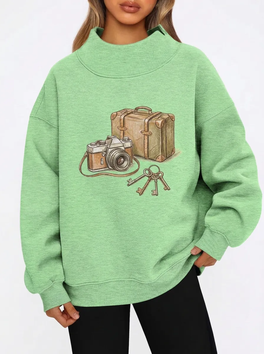 Women's Travel-Inspired Vintage Camera Suitcase Keys Printed Sweatshirt