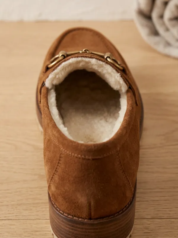 Women's Rugged Faux Fur Lined Metal Detail Platform Suede Wood Sole Loafers
