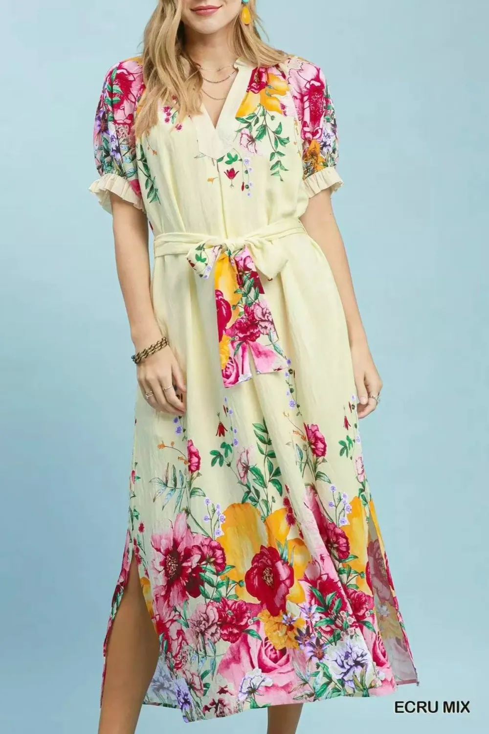 Modern Floral Print Belted Pocketed Midi Dress