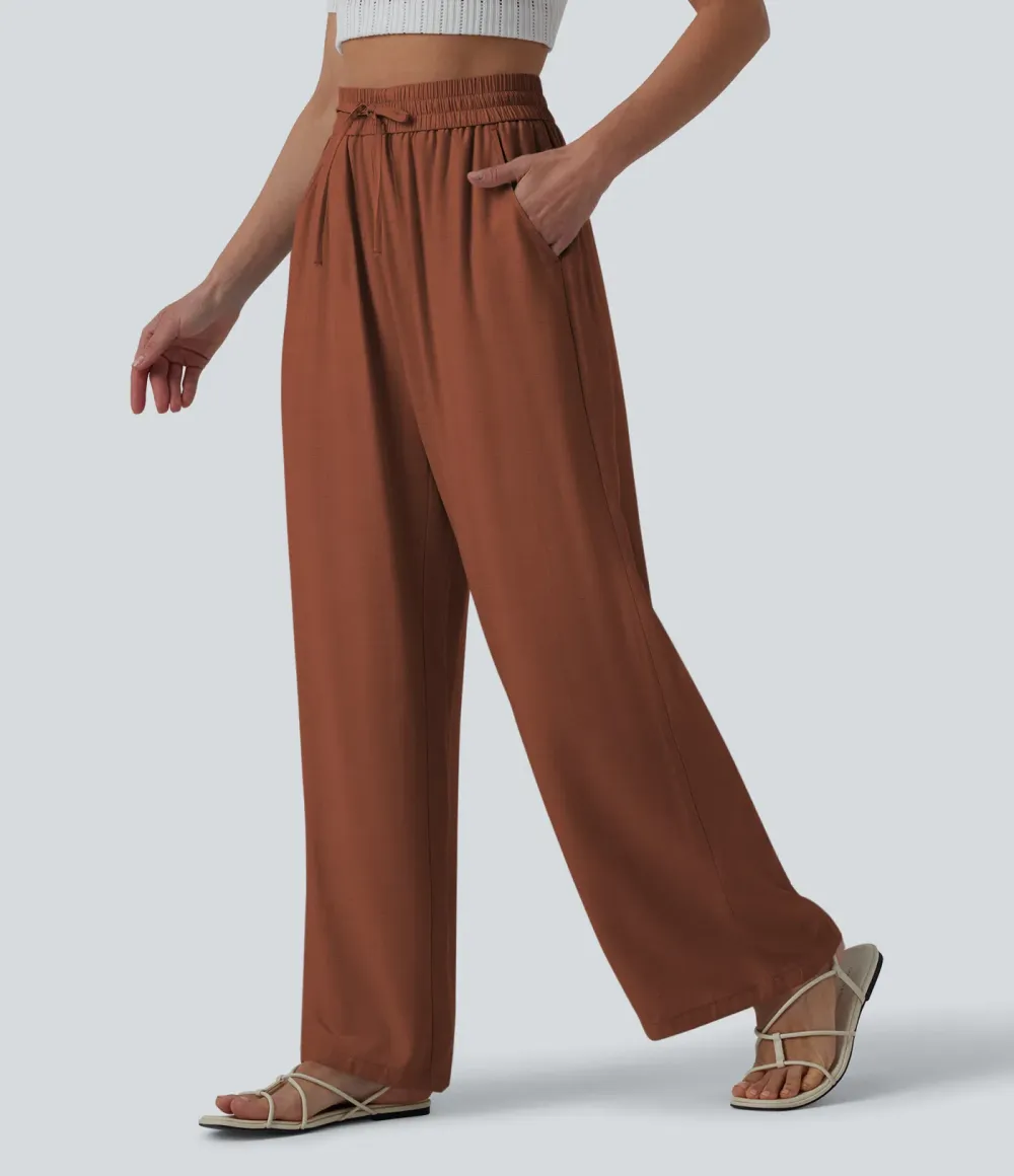 2026🔥High Waisted Drawstring Wide Leg Casual Linen-Blend Trousers with Pockets