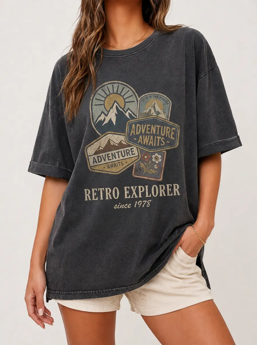 Women's Adventure Explorer Mountain Retro Printed T-shirt