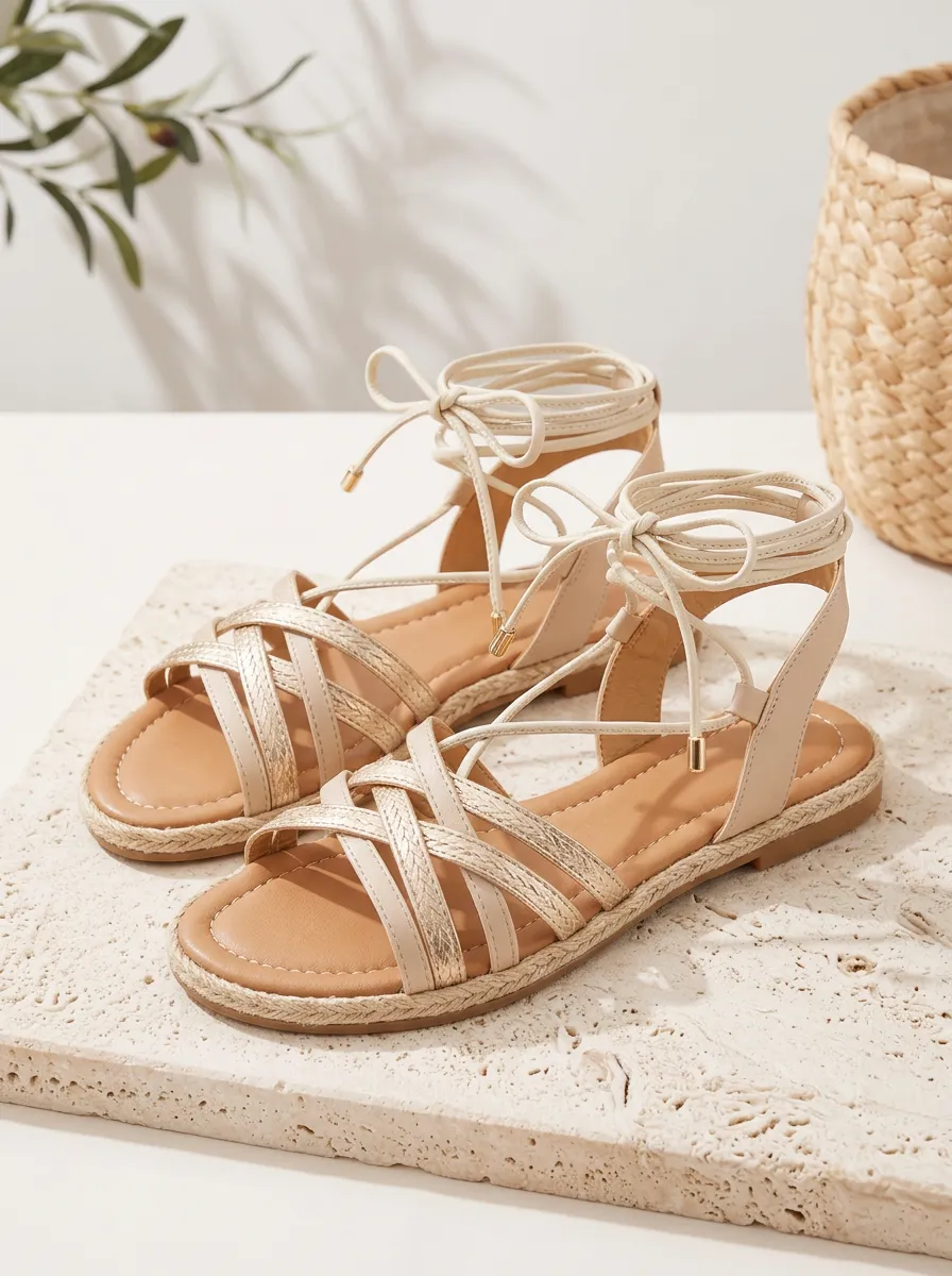 Lace-Detail Espadrille Lace-Up Metallic-Look Women's Summer Sandals