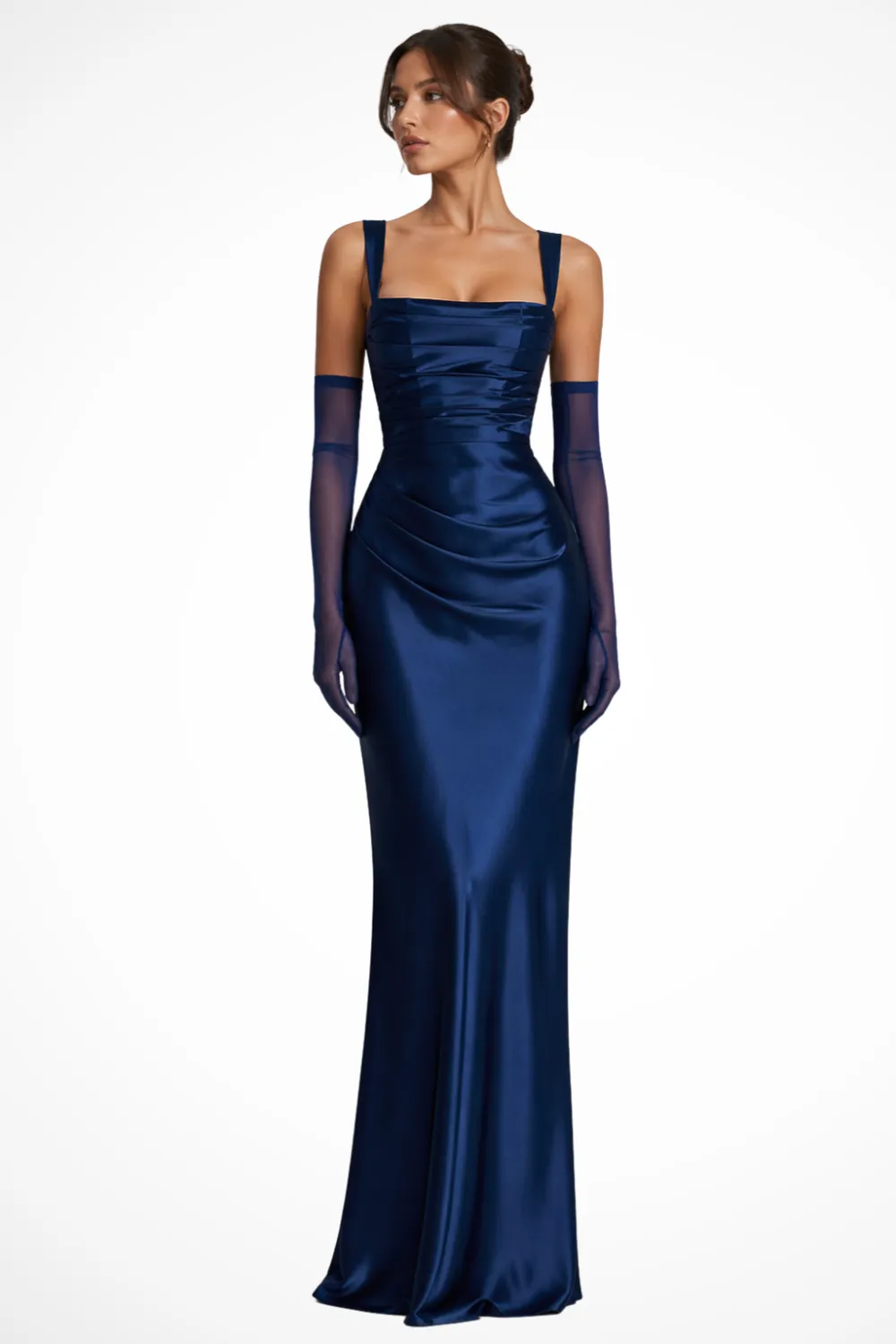  Square Neck Ruched Satin Maxi Dress