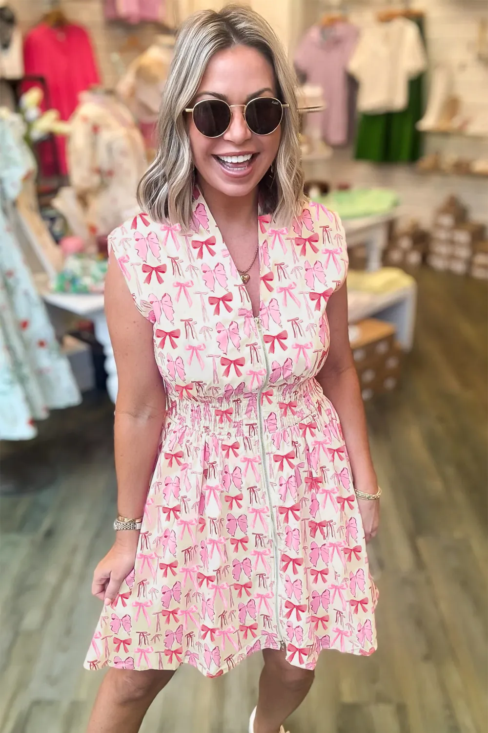 Pink Zip Front Bow Mini Dress