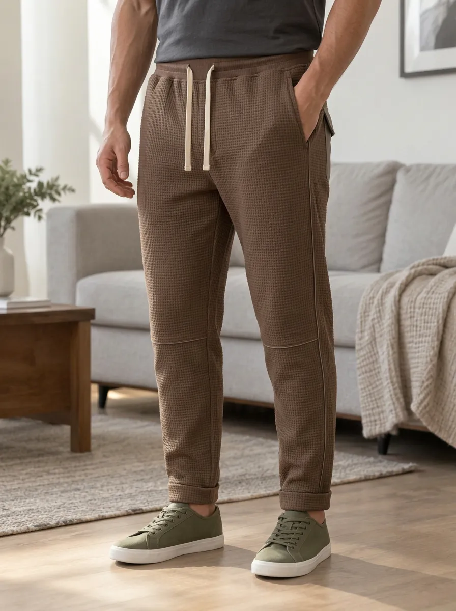 Men's Brown Waffle Knit Drawstring Casual Jogger Pants
