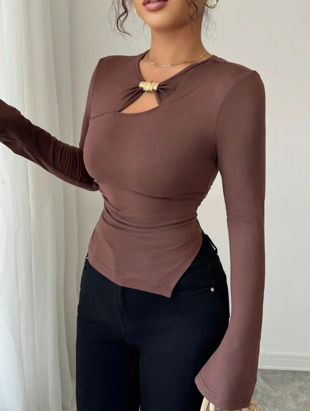 Asymmetrical Openwork Metal Detail Top