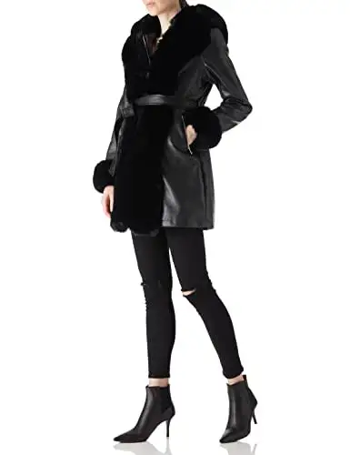 Women's Faux Leather Fleece Lined Coat Winter Hooded Zip-up Parka with Belt