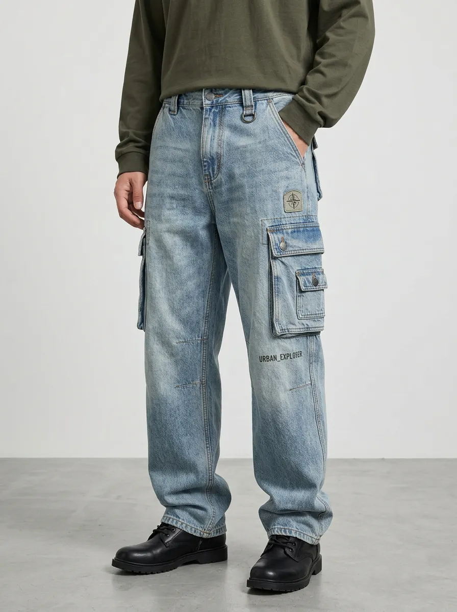 Men's Urban Explorer Compass Patch Detail Denim Cargo Jeans