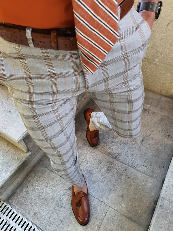 Refined Structured Slim Fit Plaid Tailored Trousers