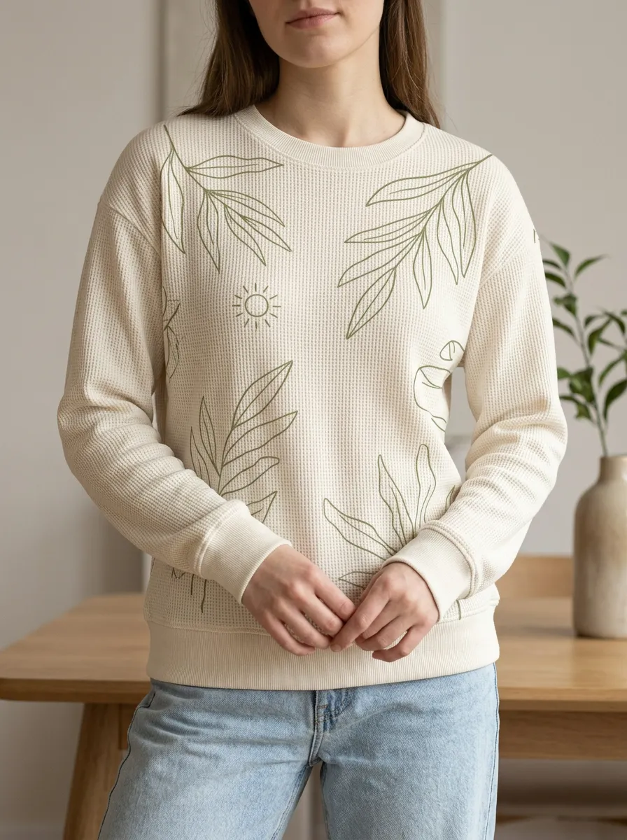 Women's Botanical Sun Line Art Textured Waffle Knit Crewneck Sweatshirt
