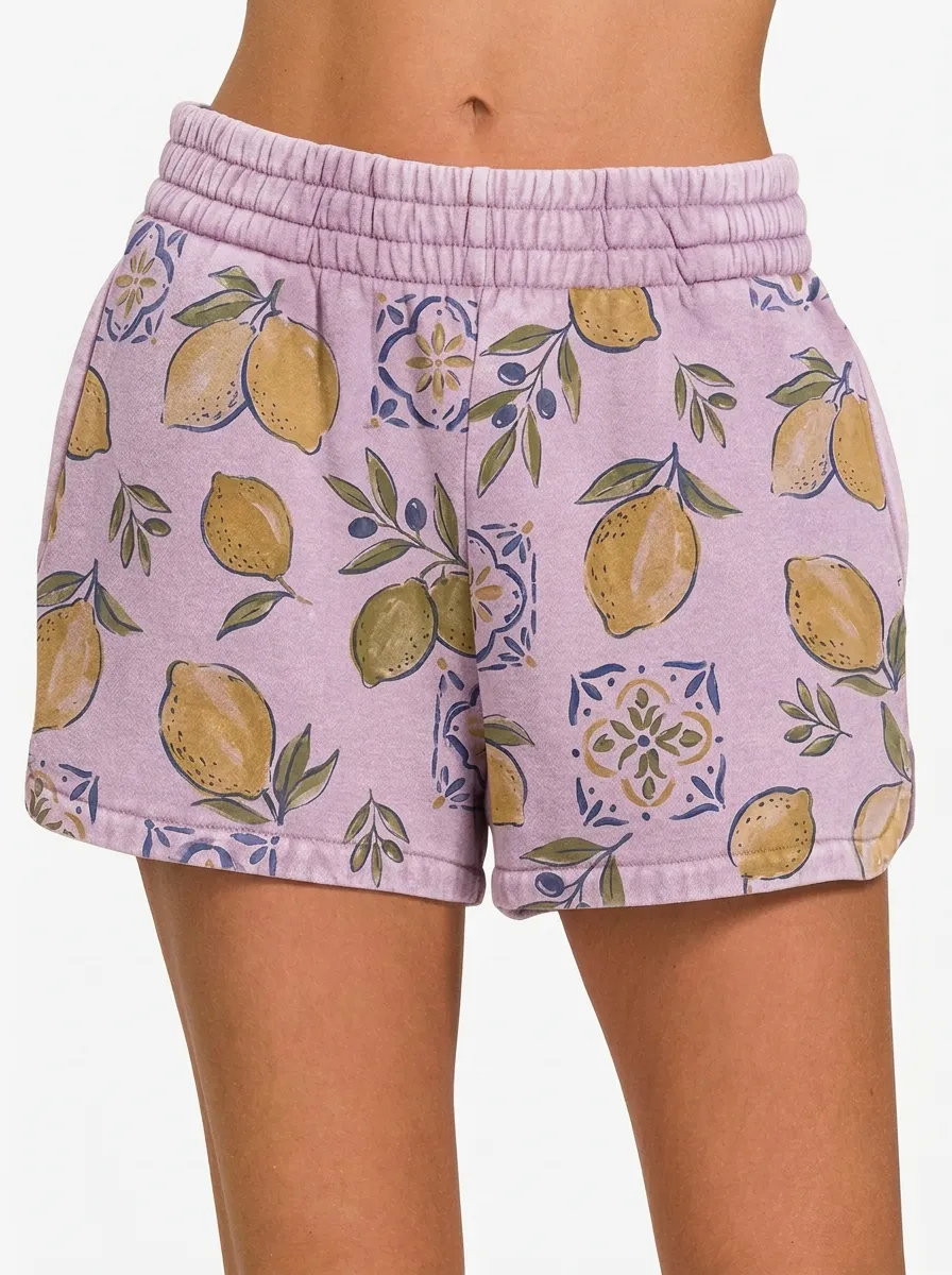 Women's Mediterranean Lemon Tile Pattern Printed Shorts