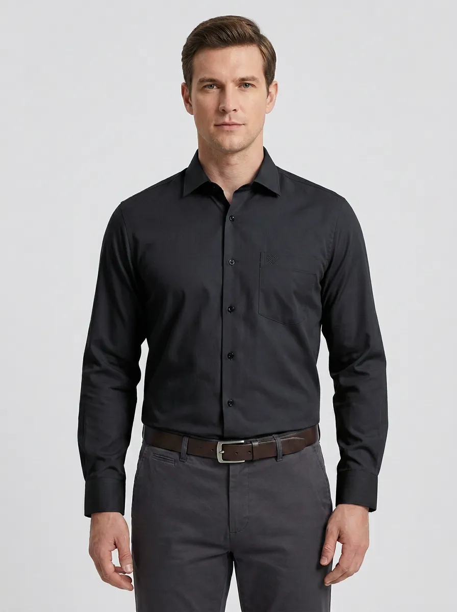 Men's Non-Iron Cotton Solid Blue Embroidered Pocket Shirt