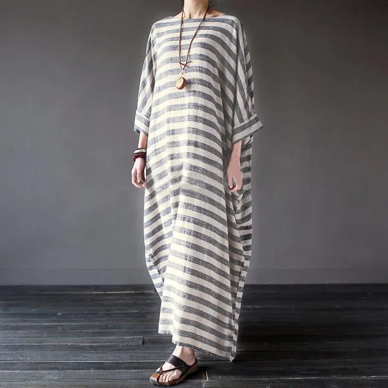 Striped Linen Blend Cotton Blend Maxi Tie Detail Dress