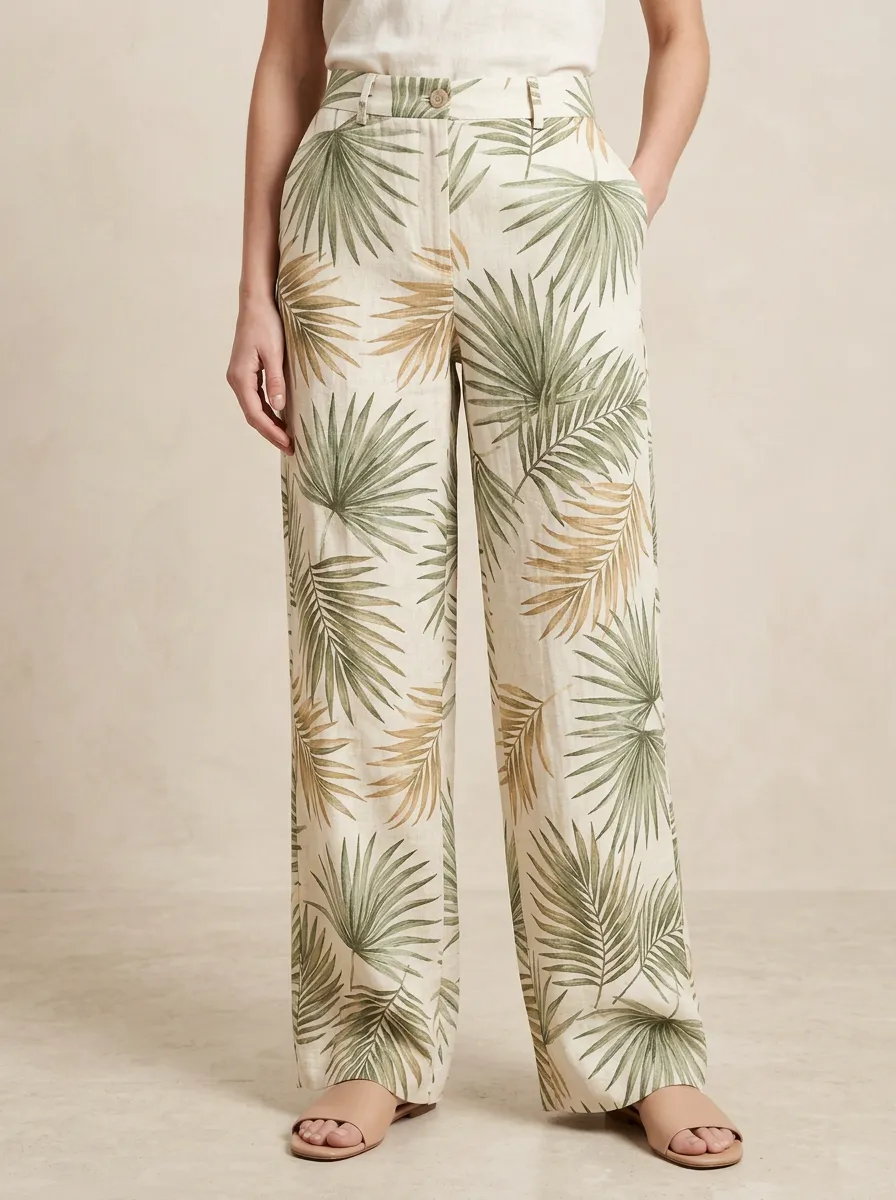 Women's Tropical Inspired Organic Inspired Palm Leaf Printed Wide Leg Pants
