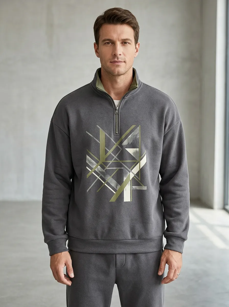 Casual Layout Half-Zip Geometric Abstract Men's Half-Zip Sweatshirt