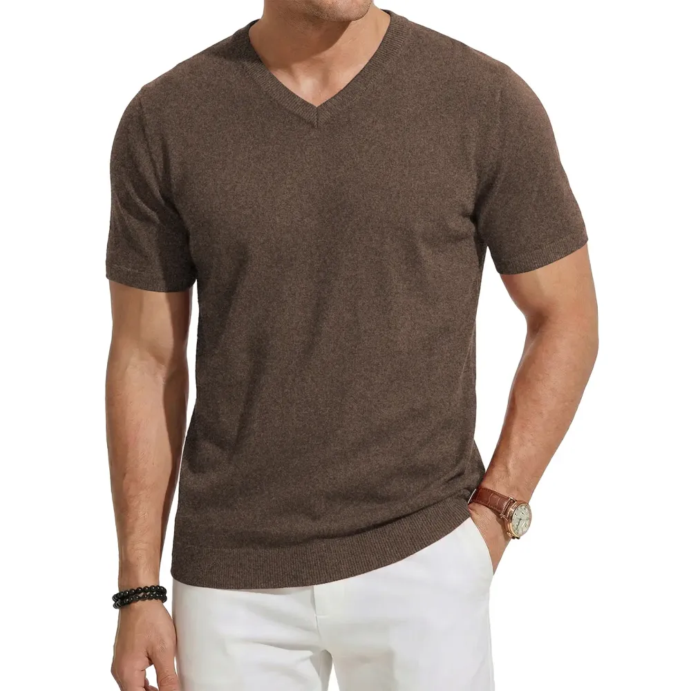 Men's Wool Blend Short Sleeve V-Neck Sweater Soft Textured Knit Pullover for Business Casual Wear