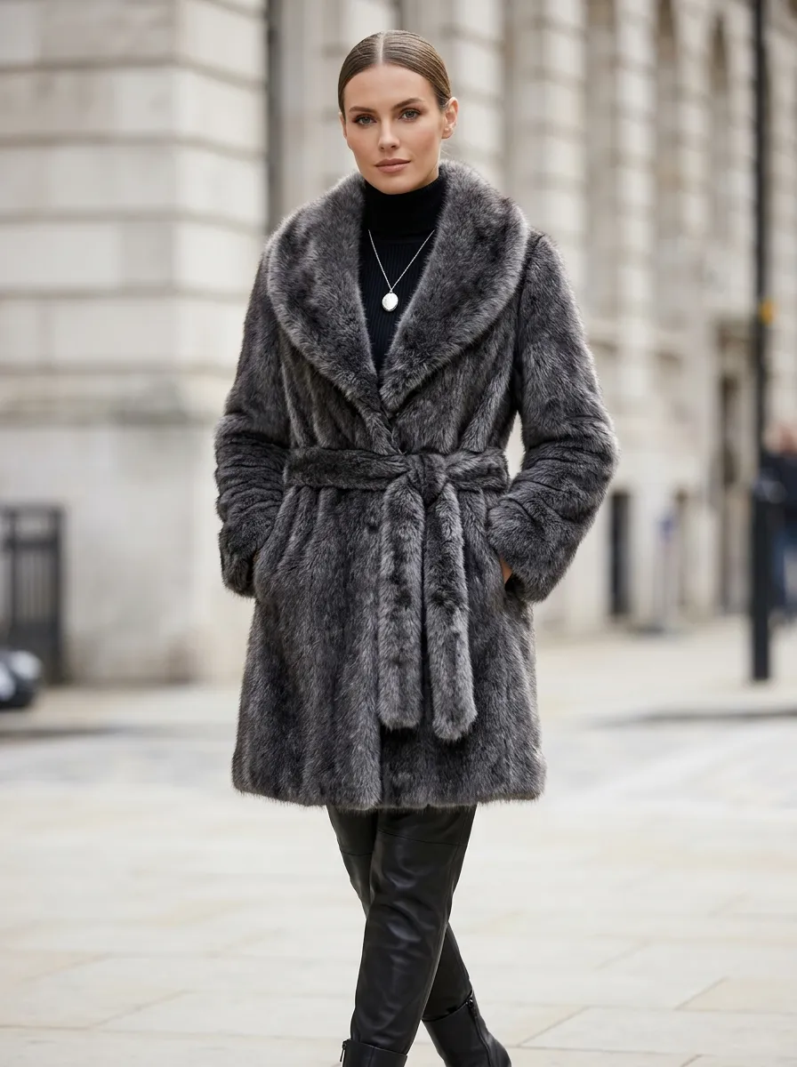 Seasonal Belted Faux Fur Coat