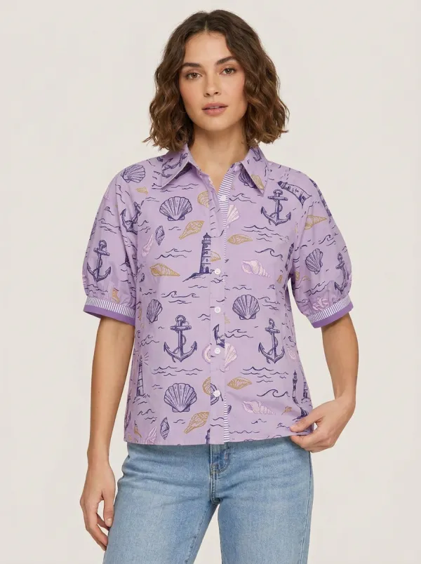 Women's Nautical Beach Lover Lighthouse Anchor Seashell Printed Shirt