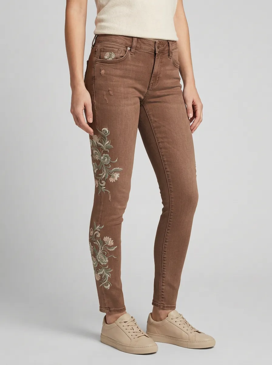 Women's Floral Vintage Flower Embroidered Printed Slim Jeans