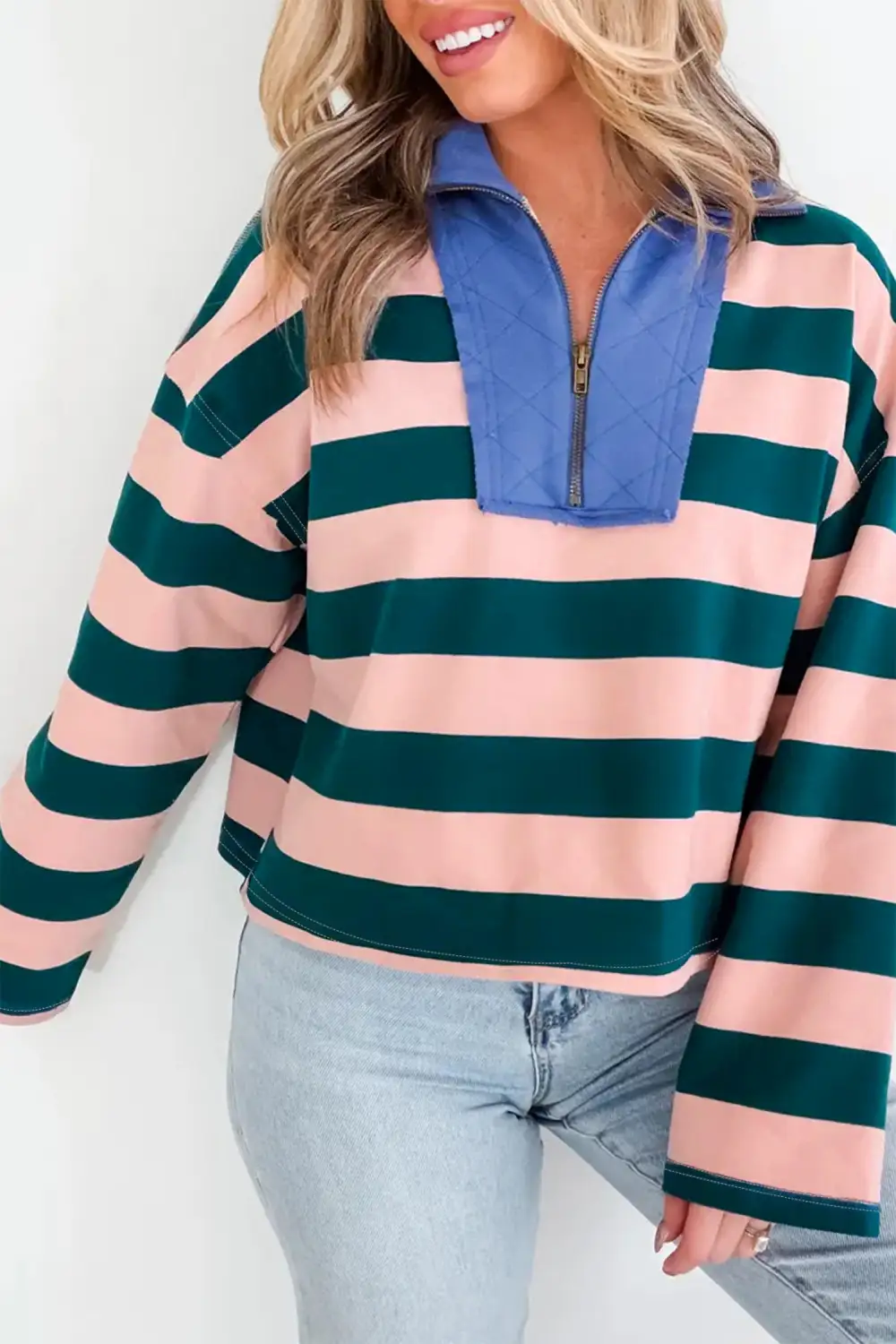 Refined Striped Quarter Zip Cotton Blend Long Sleeve Top