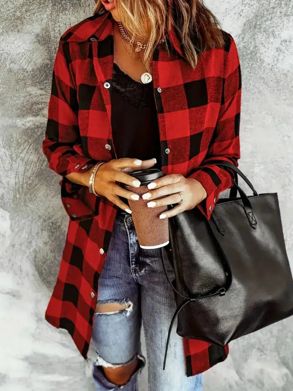 Plaid Snap Front Collared Pocketed Casual Jacket