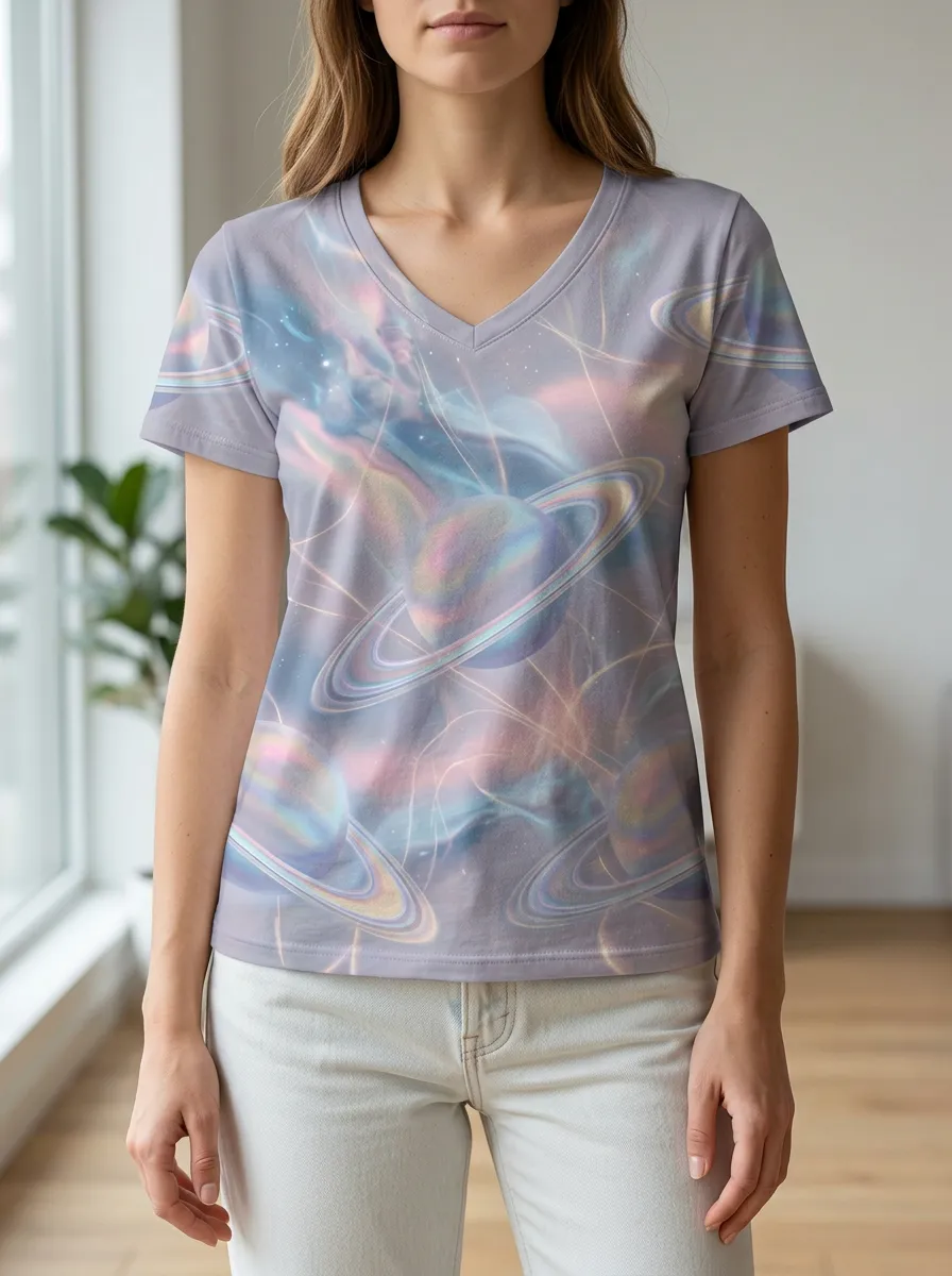 Women's Space Lover Holographic Saturn Printed V-Neck T-Shirt