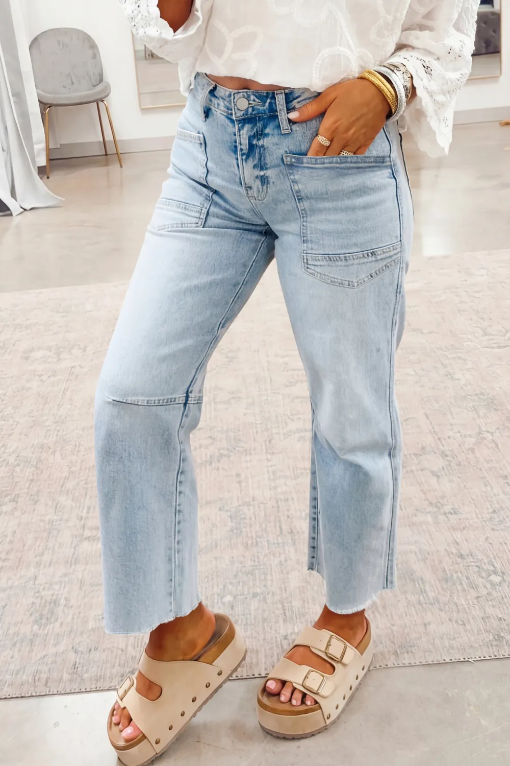 Light Blue Frayed Cropped Jeans