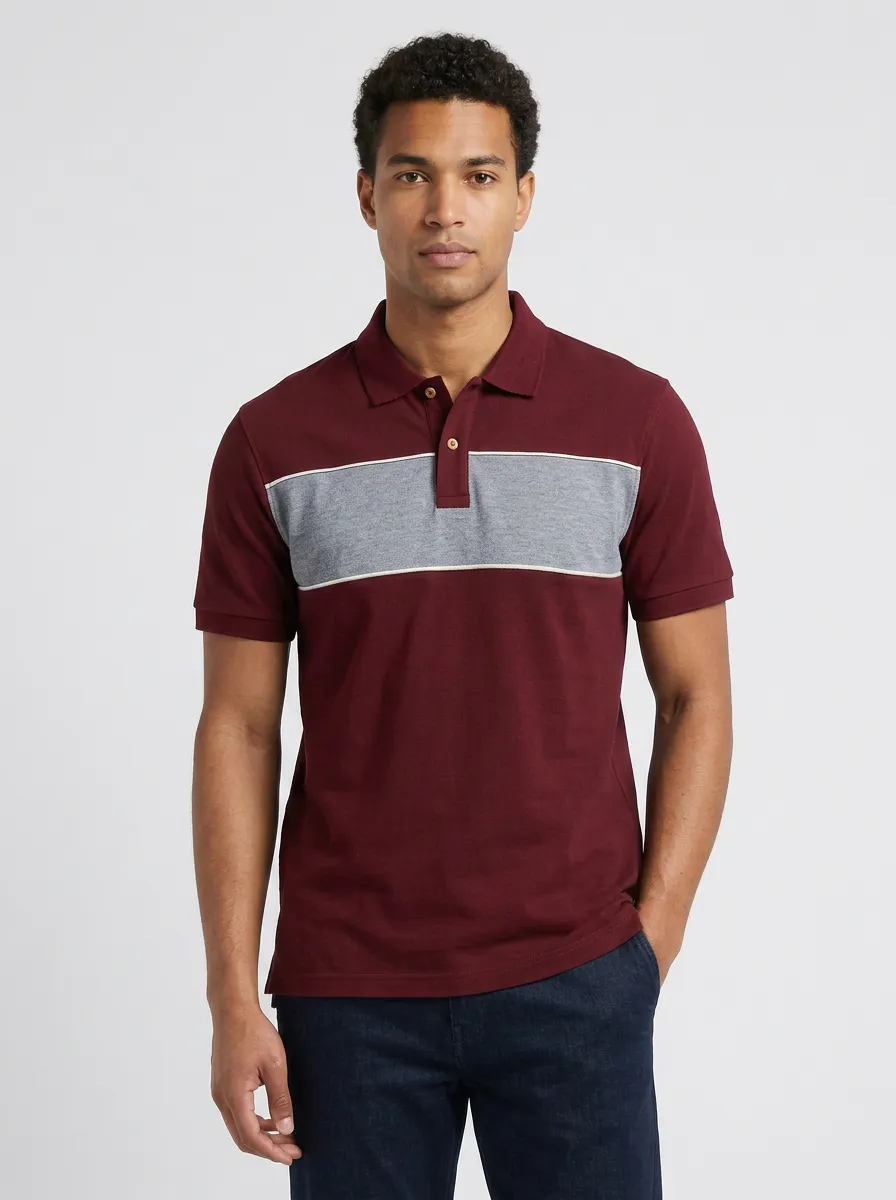 Men's Casual Style Navy Grey Colorblock Striped Polo Shirt
