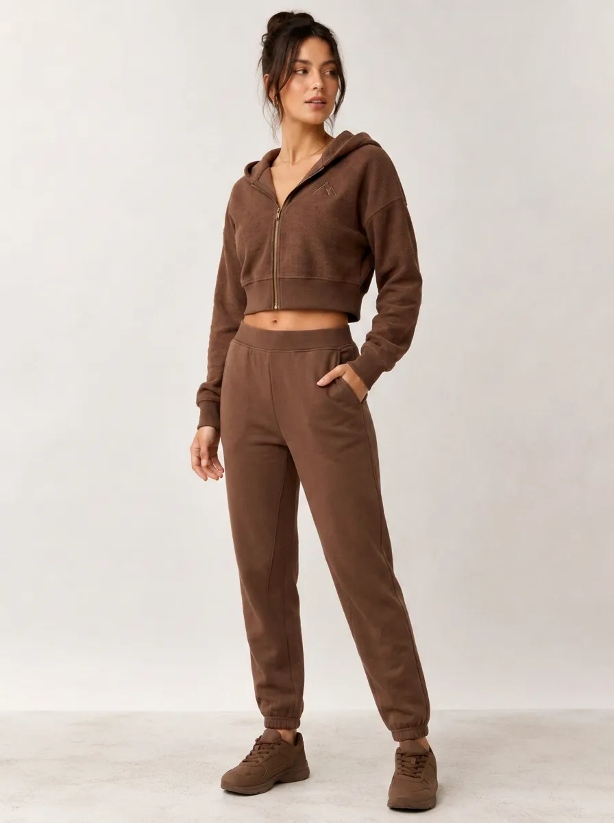 Women's Casual Sporty Brown Embroidered Logo Cropped Hoodie Jogger Set