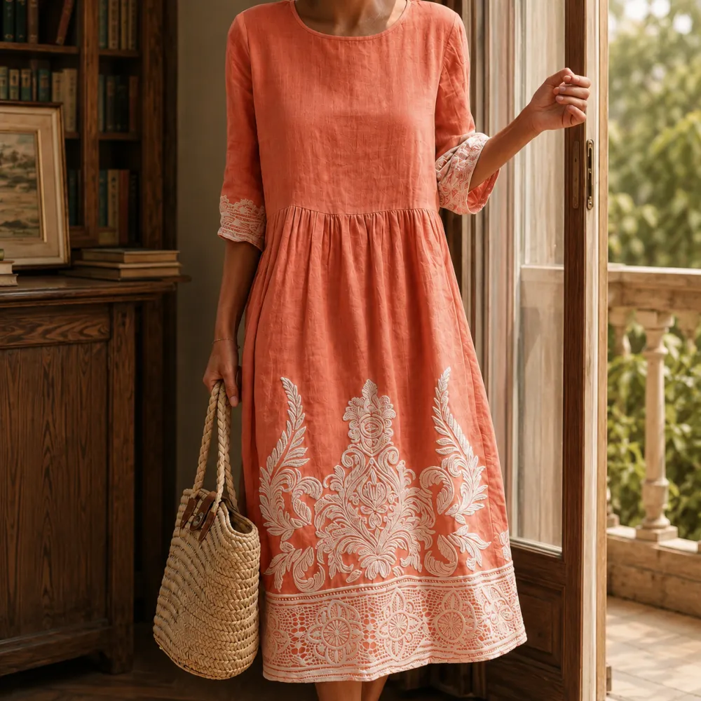Embroidered Floral Polished Midi Dress