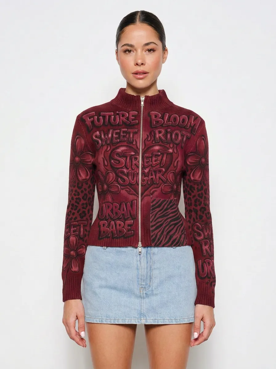 Women's Street Style Graffiti Flower Leopard Zebra Printed Zip-up Top