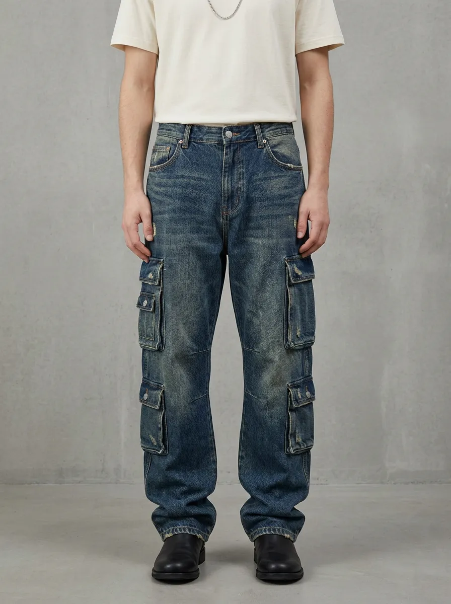 Men's Ridge Vintage Distressed Denim Multi-Pocket Cargo Jeans