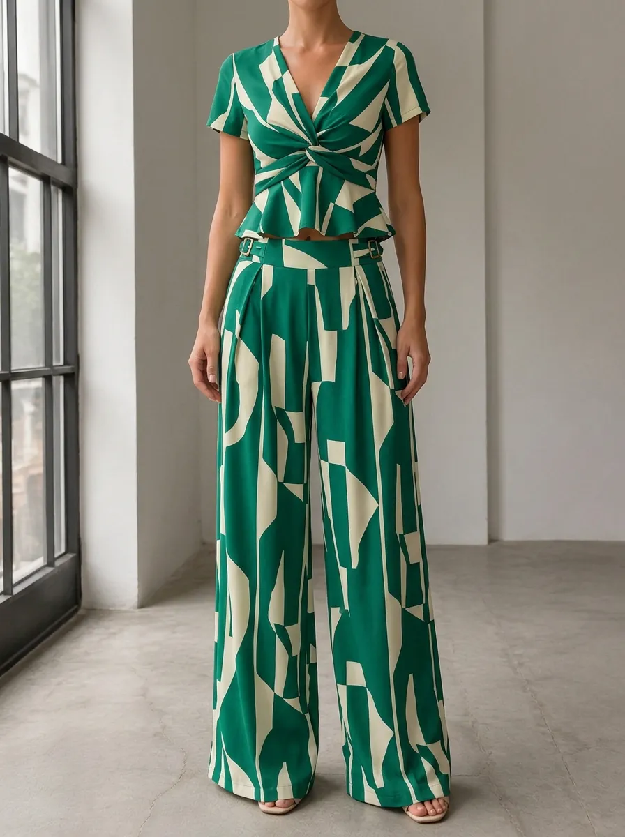 Women's Geometric Pattern Twist Front Patterned Wide Leg Pants Set