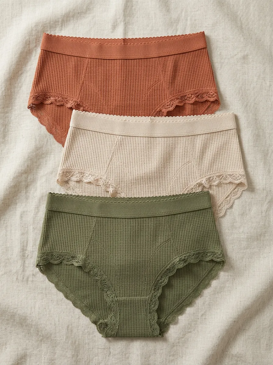 Women's Ribbed Lace Trim Cotton Briefs Set