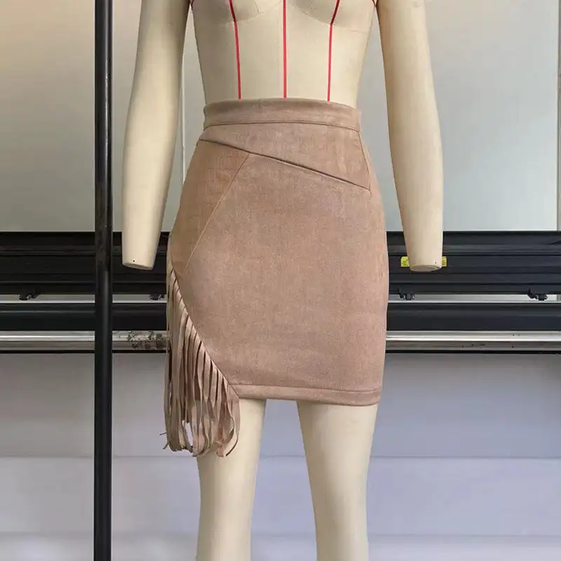 Fringed High Waist Suede Skirt