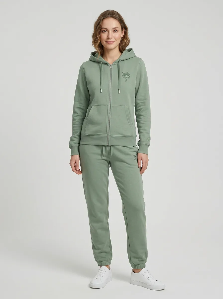 Women's Sage Green Botanical Leaf Embroidered Zip-Up Hoodie Jacket & Jogger Set