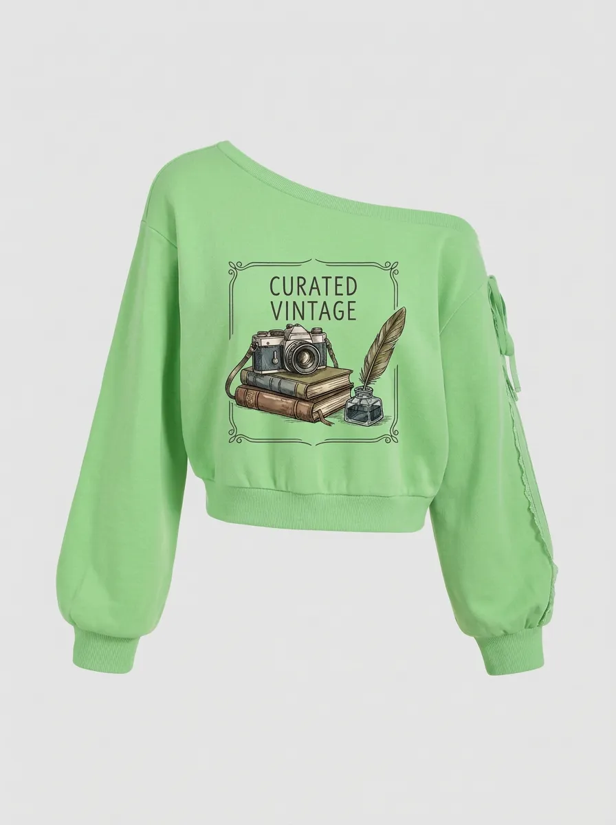 Women's Vintage Camera Books Quill Printed Off-Shoulder Sweatshirt