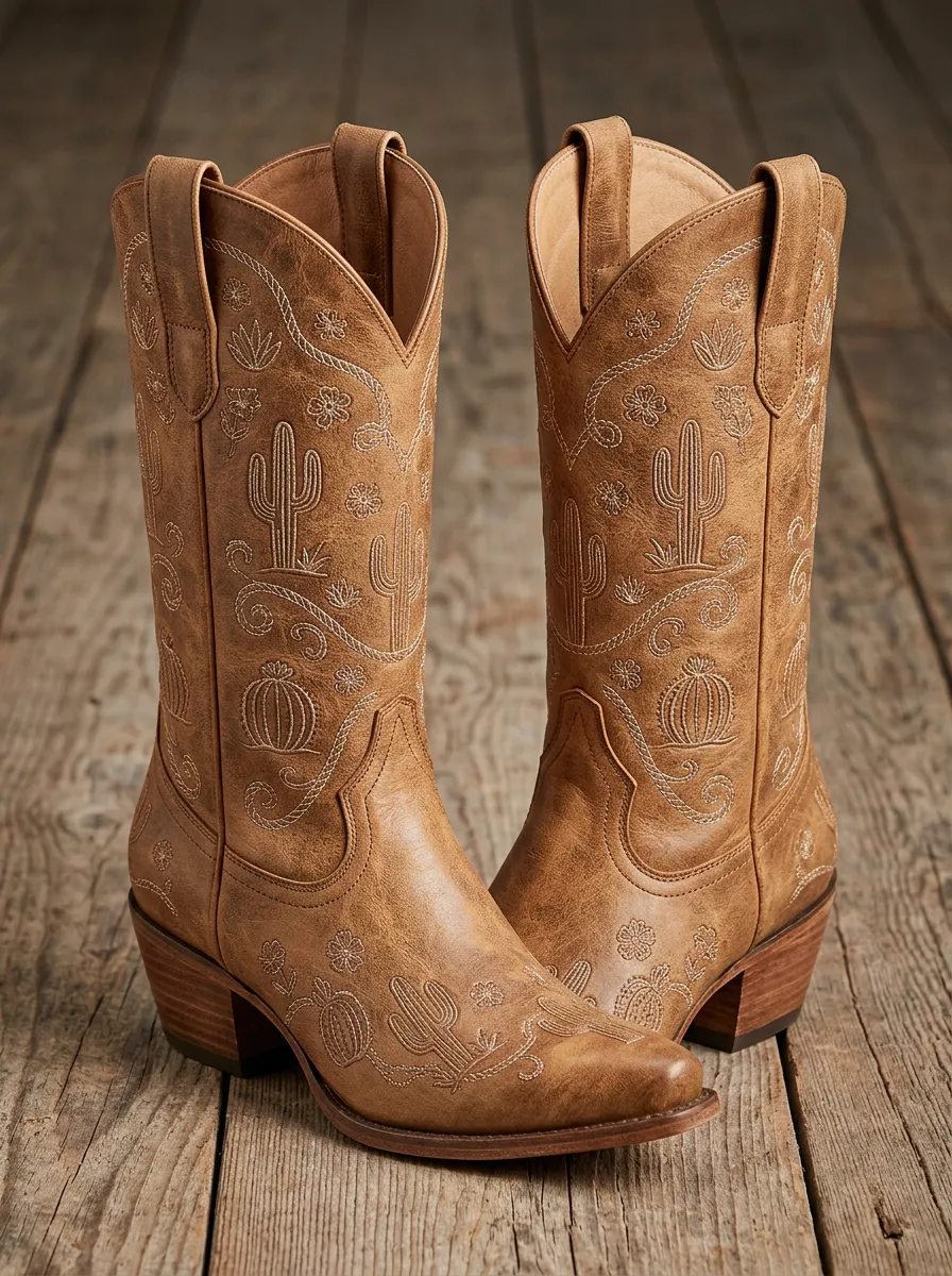 Prairie Cactus Floral Embroidered Country Style Unisex Western Cowboy Boots