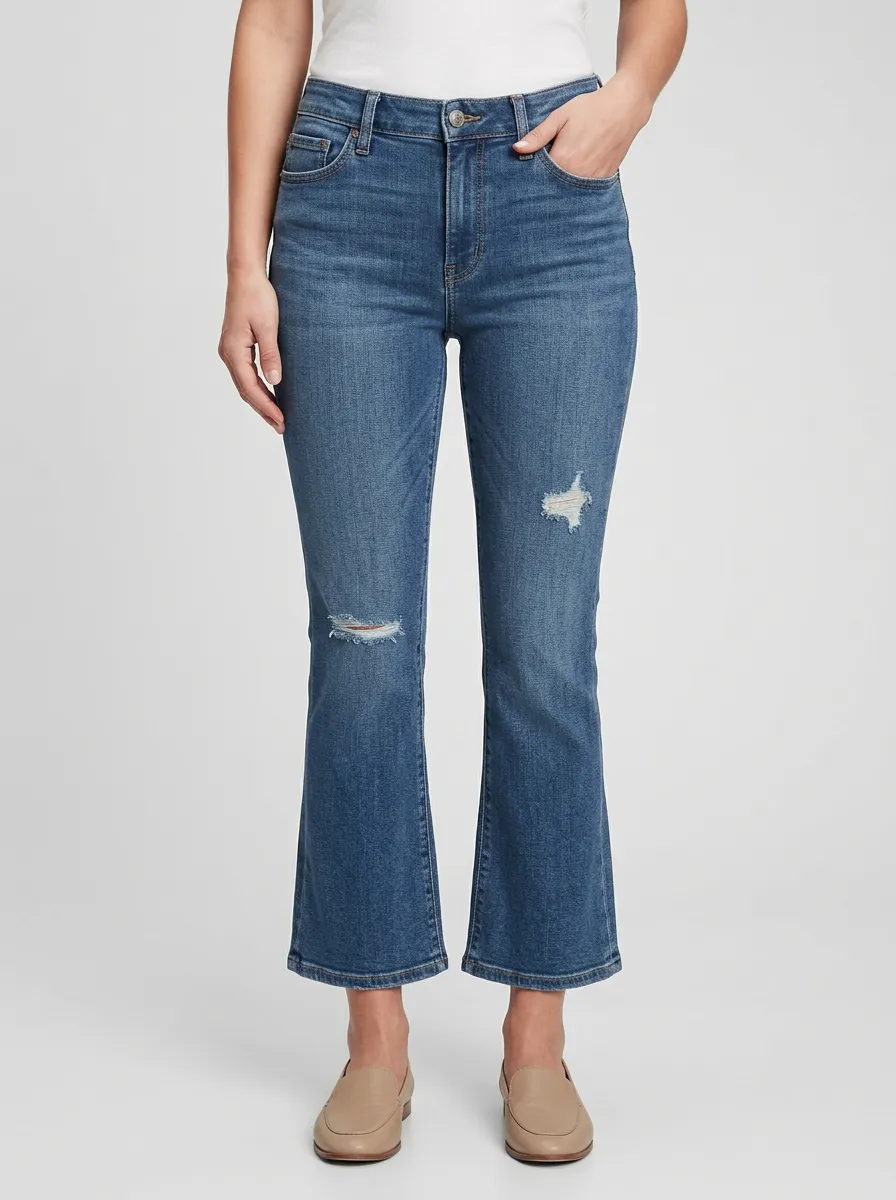 Women's Mid-Rise Whiskered Thigh-and-Knee Distressed Kick-Flare Jeans