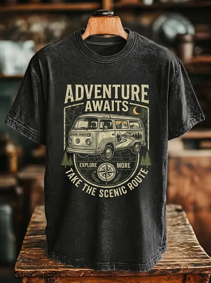 Unisex Adventure Lover Camper Van Compass Printed T-shirt