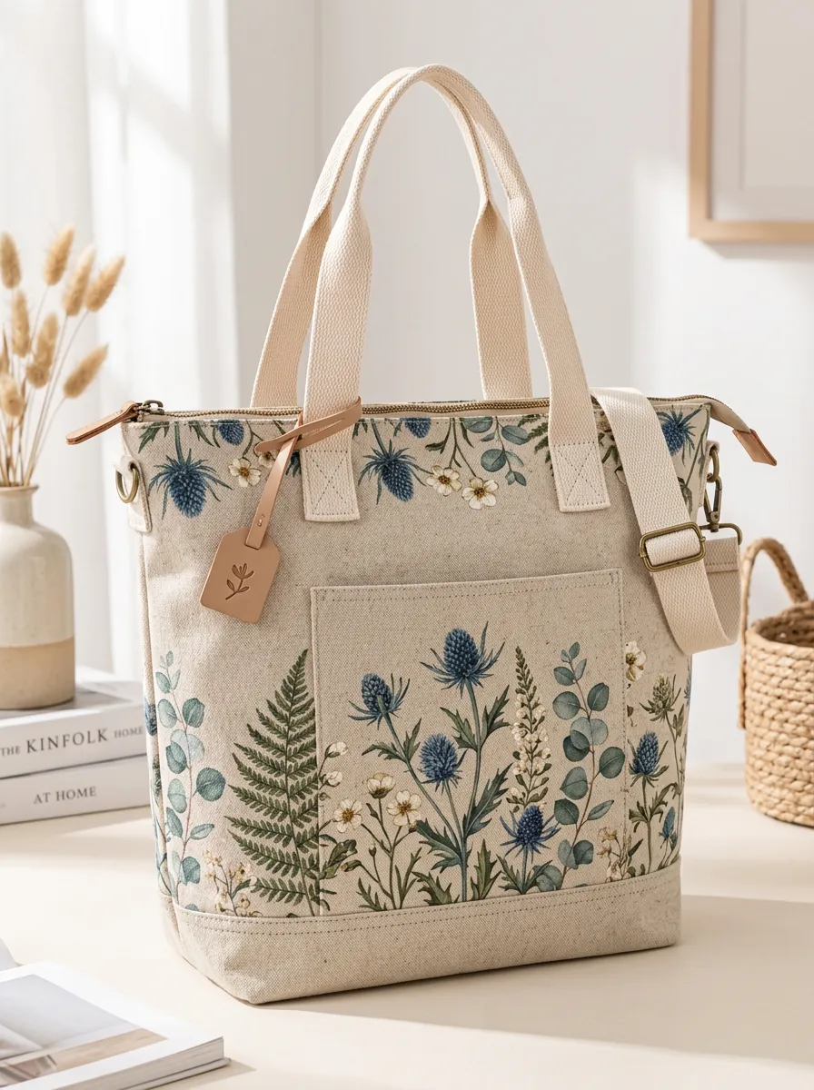Women's Botanical Thistle Fern Canvas Print Shoulder Tote Bag