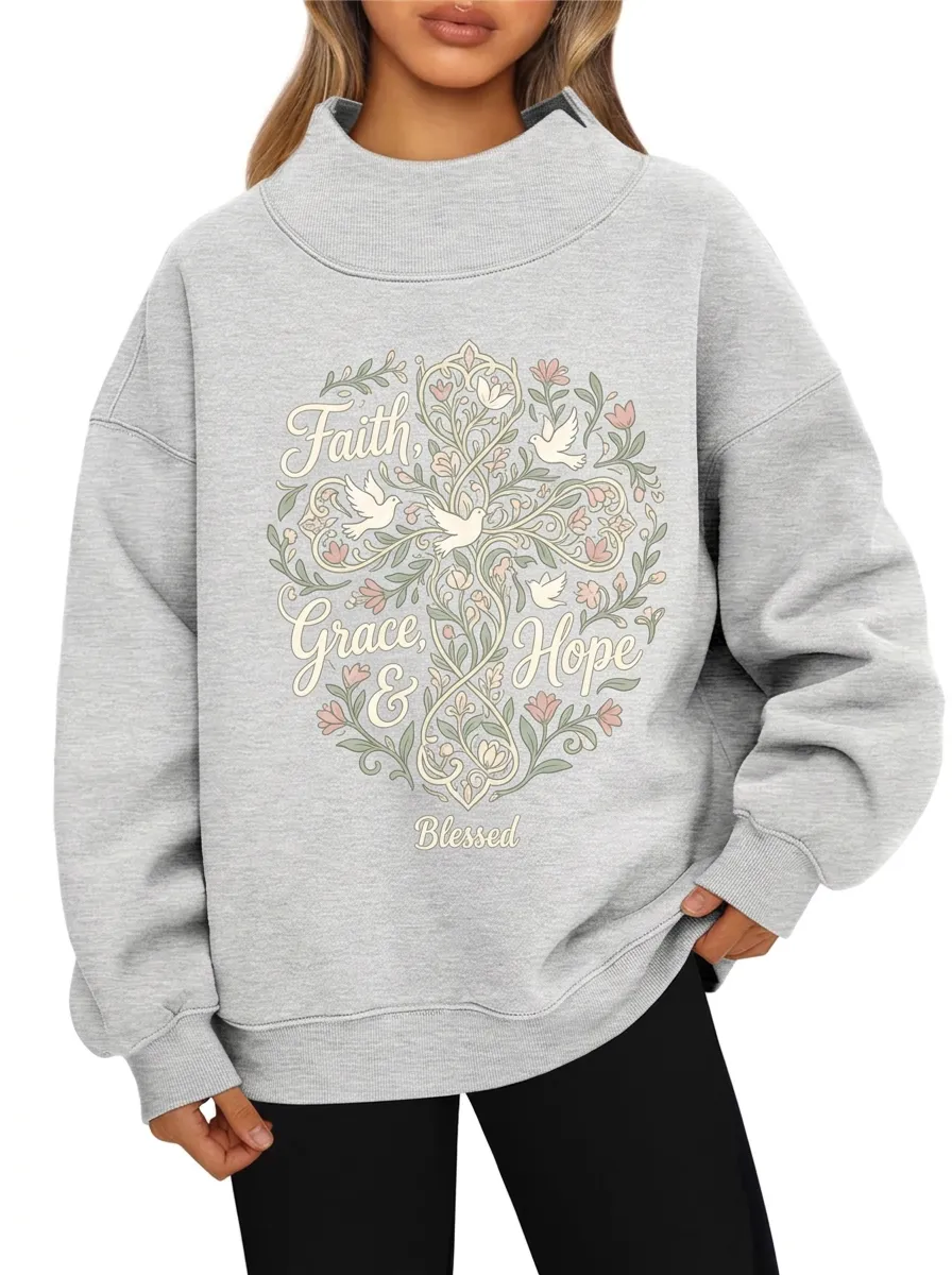 Women's Heather Grey Grace Hope Grace Hope Relaxed Mock Neck Sweatshirt